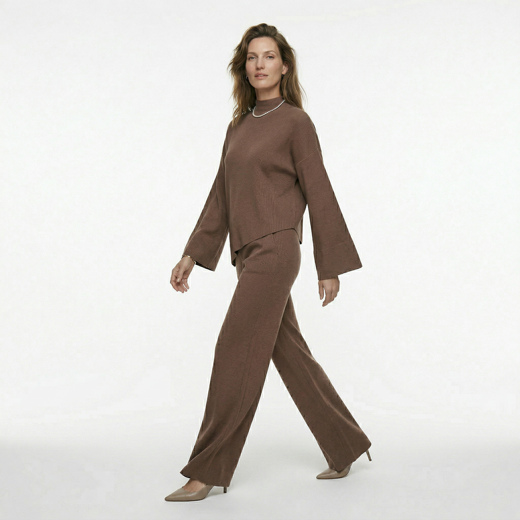 Dames set met ronde hals top en rechte wijde broek met hoge taille
