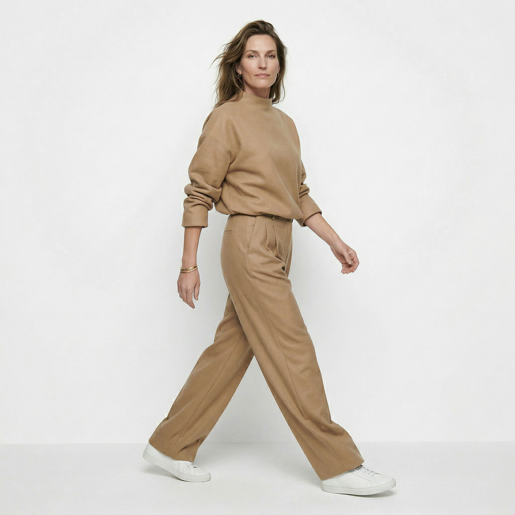dames set met ronde hals top en rechte broek met hoge taille