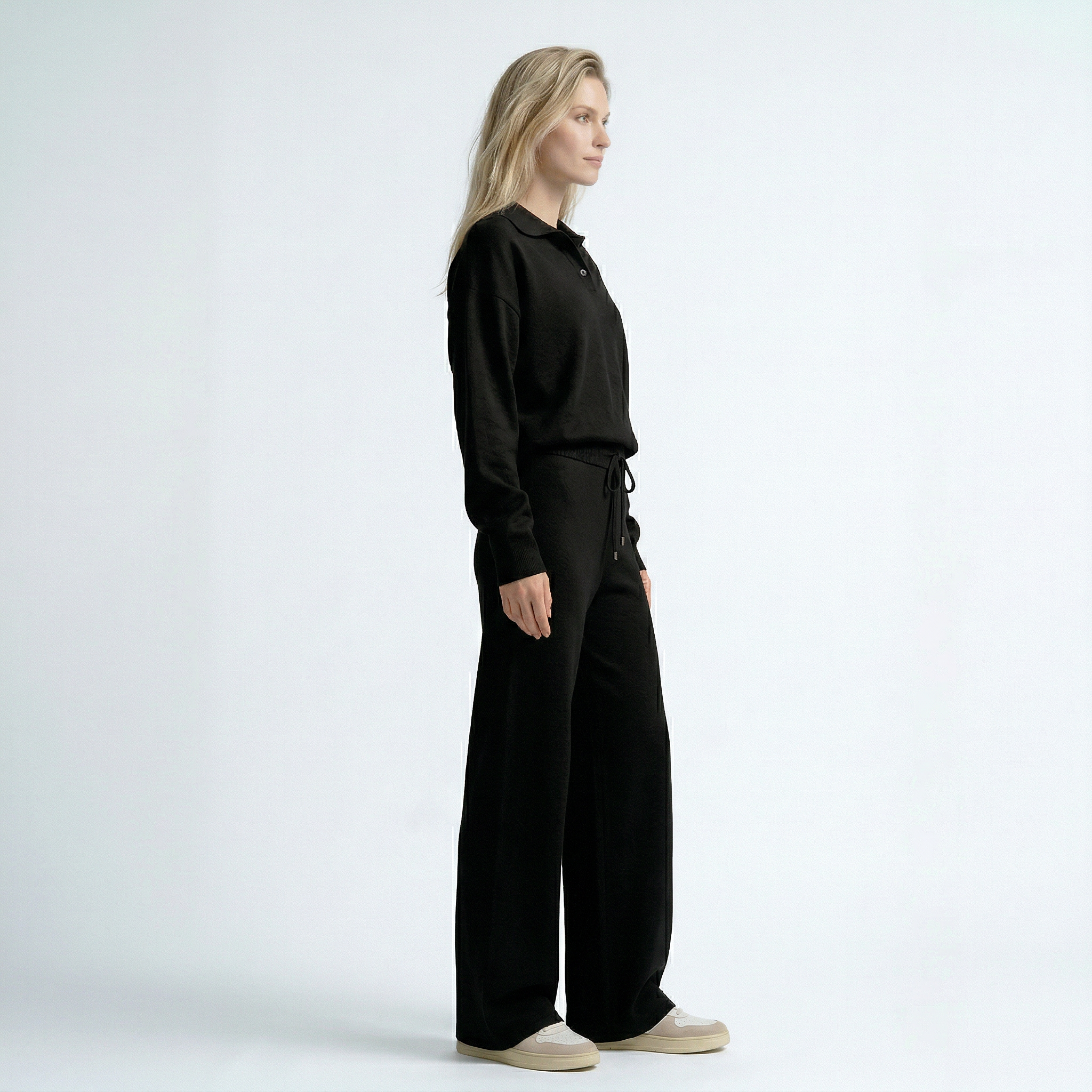 set met lange mouwen top en wide leg broek met hoge taille