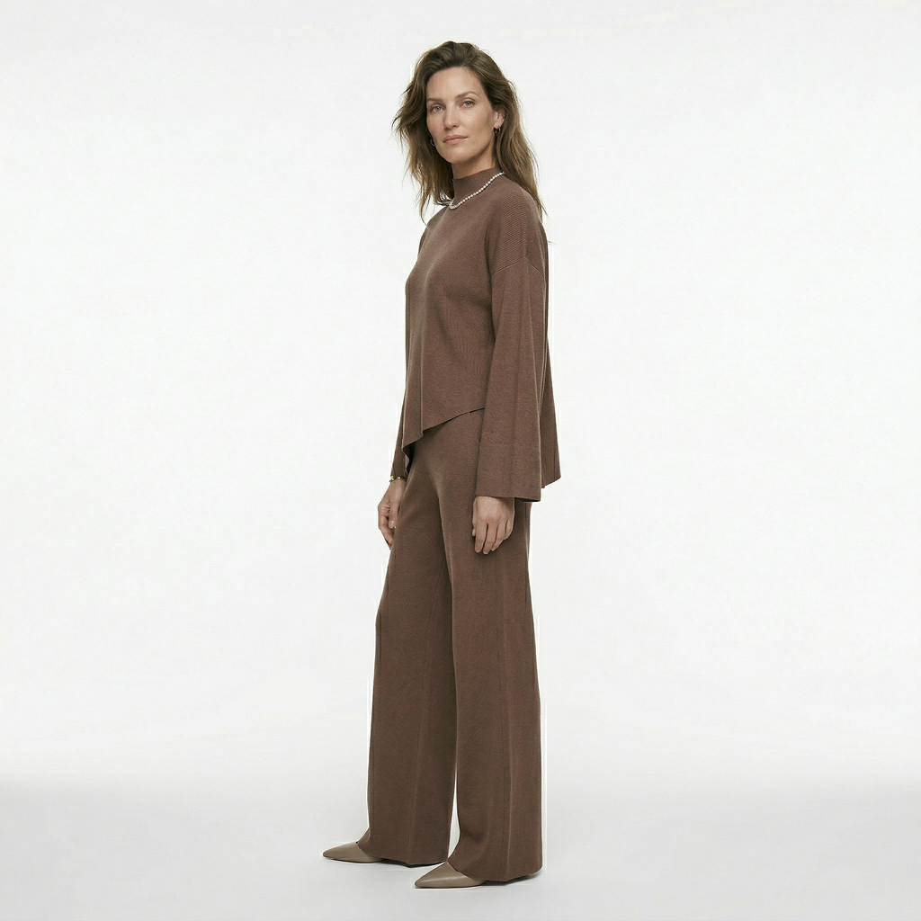 Dames set met ronde hals top en rechte wijde broek met hoge taille