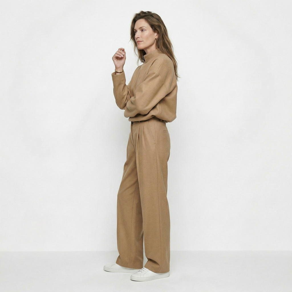 dames set met ronde hals top en rechte broek met hoge taille