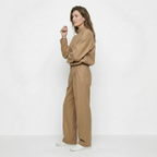 dames set met ronde hals top en rechte broek met hoge taille