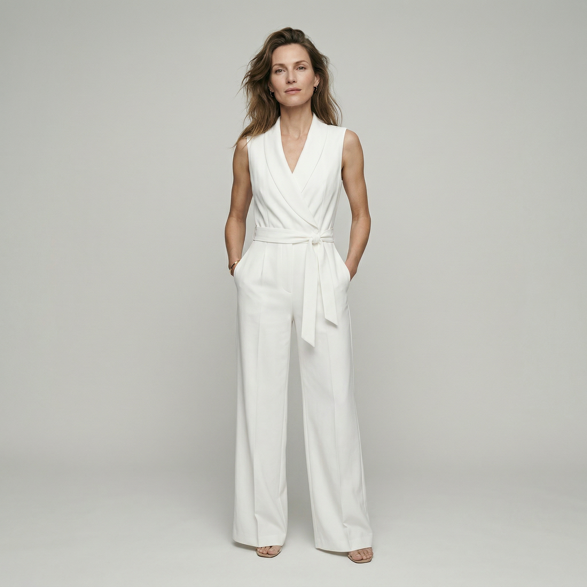 Overslag jumpsuit met strikceintuur en wijde pijpen