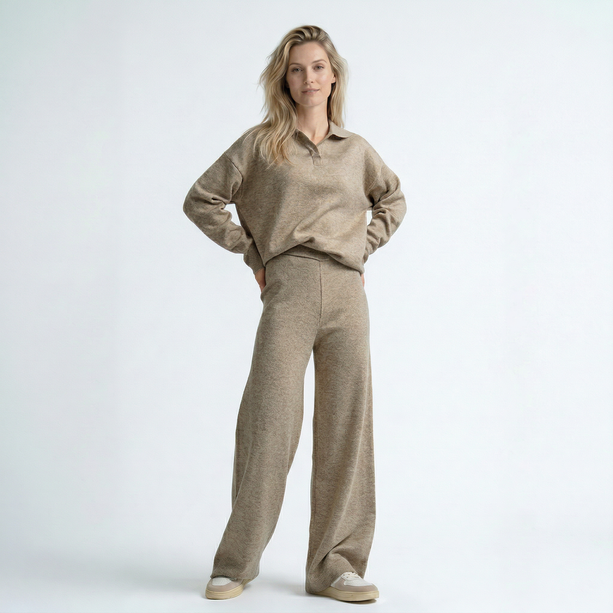 set met lange mouwen top en wide leg broek met hoge taille