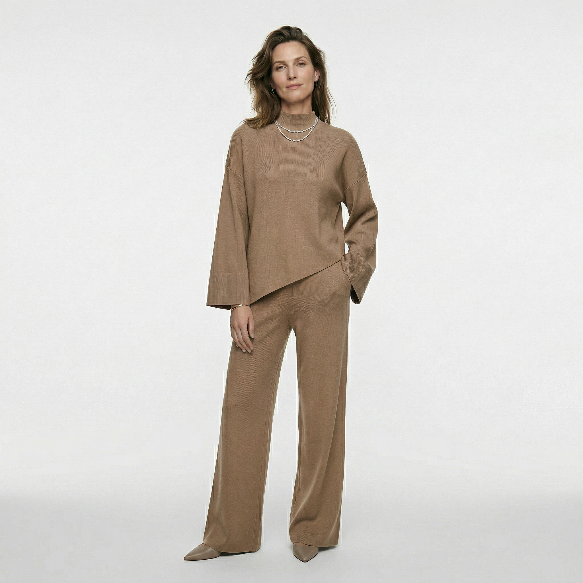Dames set met ronde hals top en rechte wijde broek met hoge taille