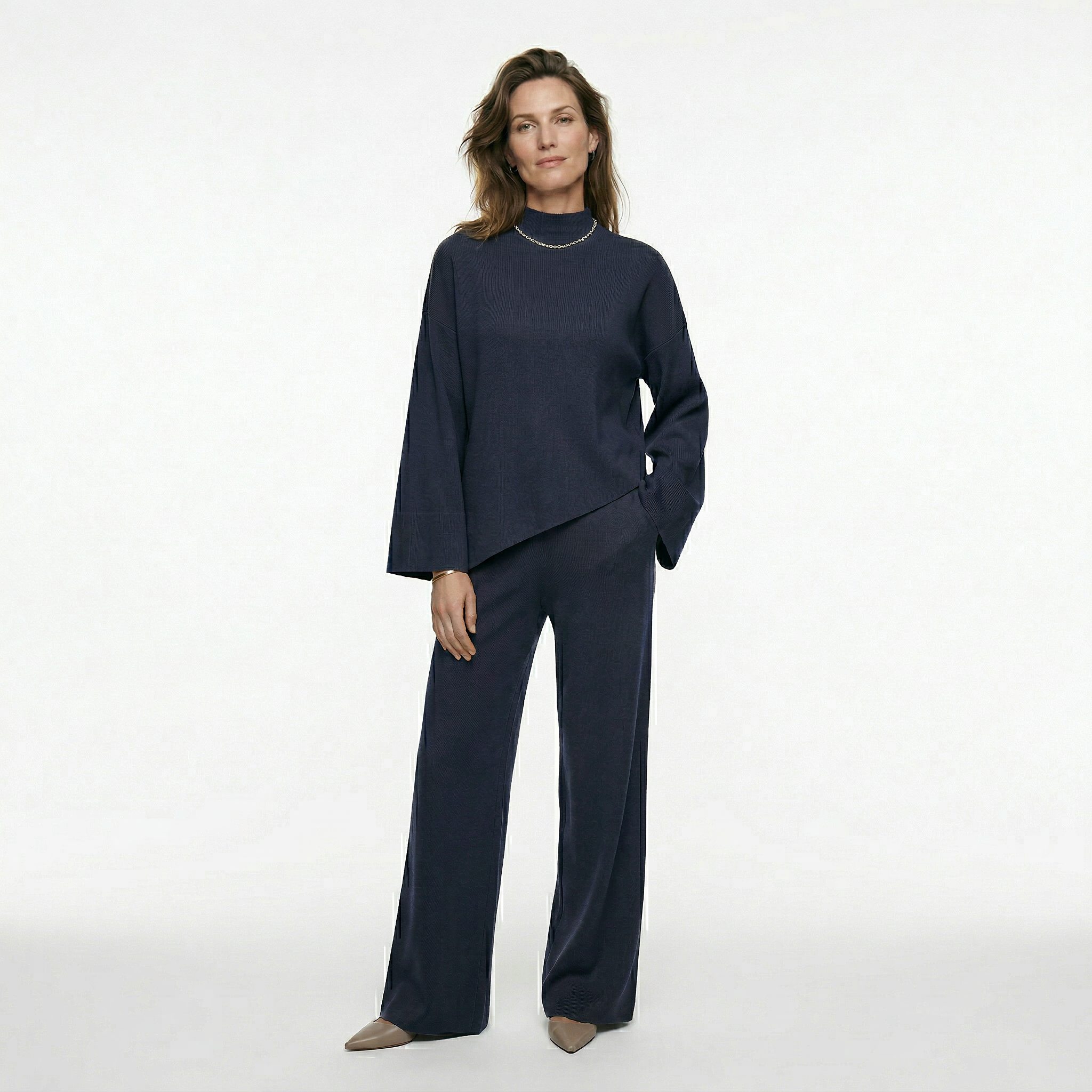 Dames set met ronde hals top en rechte wijde broek met hoge taille