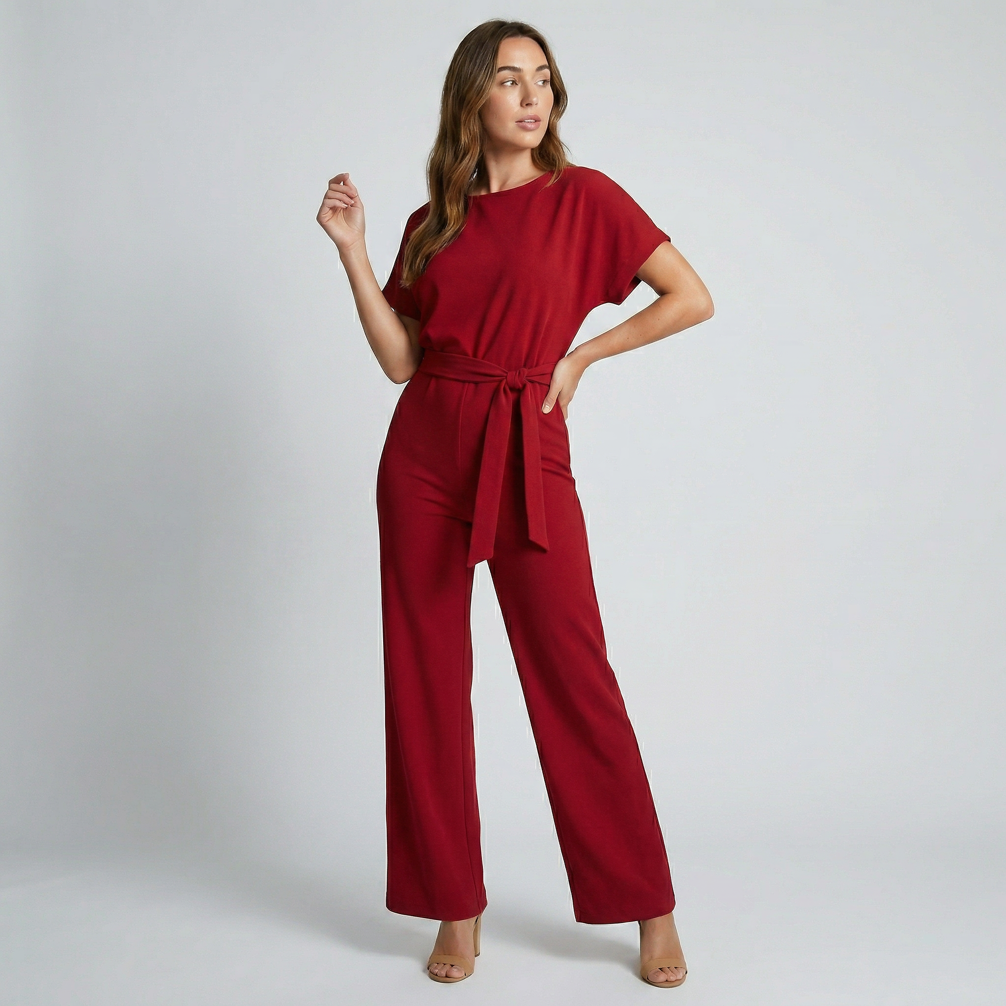 Jumpsuit met strikceintuur en wijde pijpen