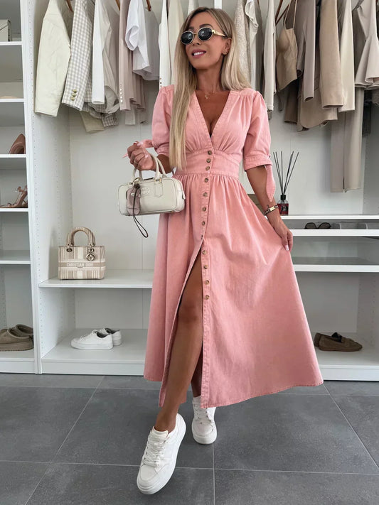 Jinke – Denim Midi zomer jurk met knoopsluiting