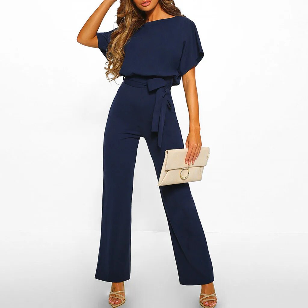 Angeliki– jumpsuit van viscose met V-hals en strikceintuur