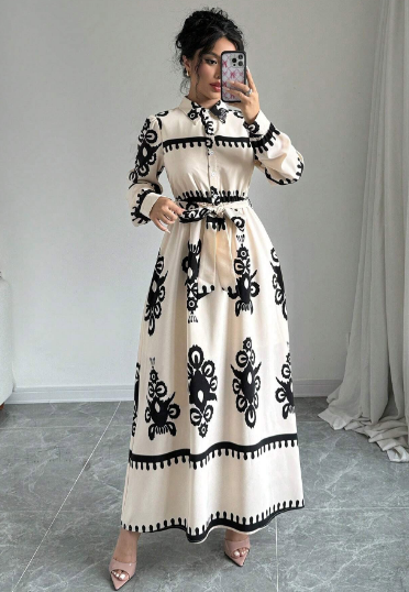 Lina – Paisleyjurk met V-hals en lange mouwen