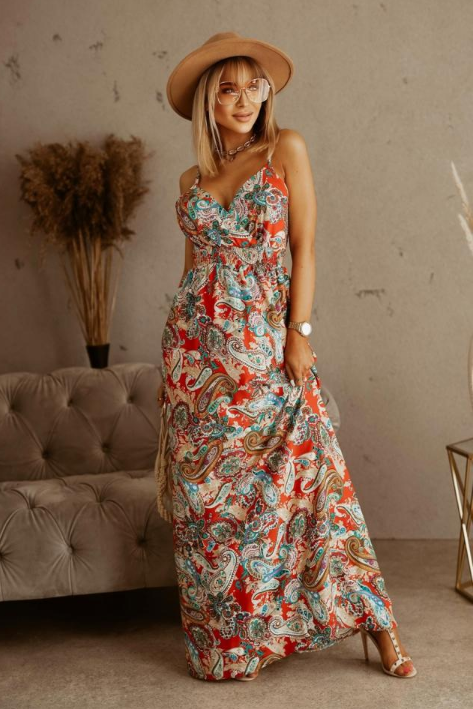 Isabelle – Maxi-jurk met tropische print en off-shoulder mouwen