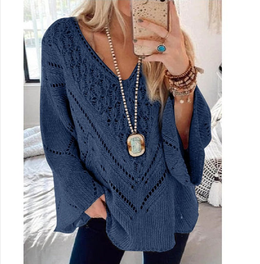 Isaline – crochet knit trui met V-hals en trumpet mouwen