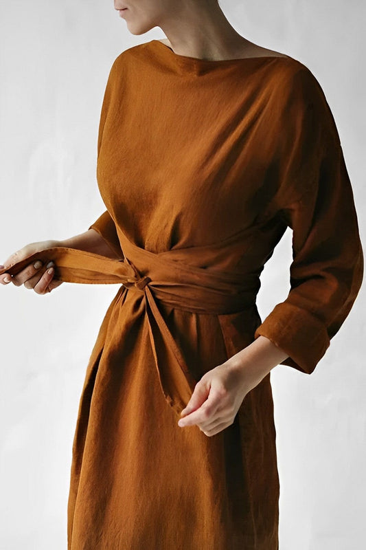 Elise – maxi jurk van katoen met strikdetail in de taille en lange mouwen