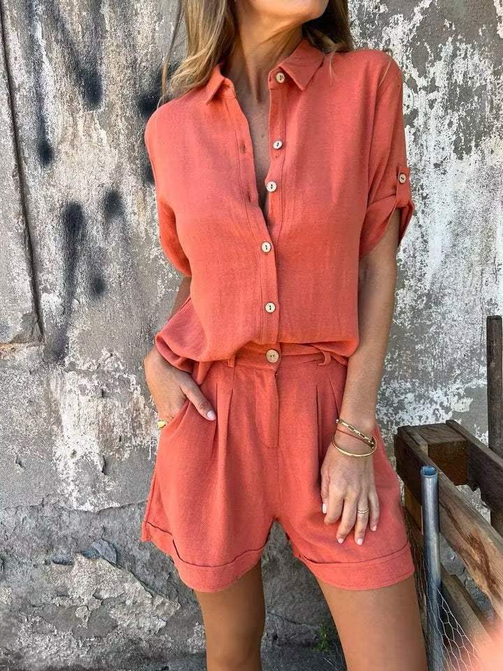 Giulia – Luchtige Linnen V-hals Blouse Set Met Bijpassende Shorts