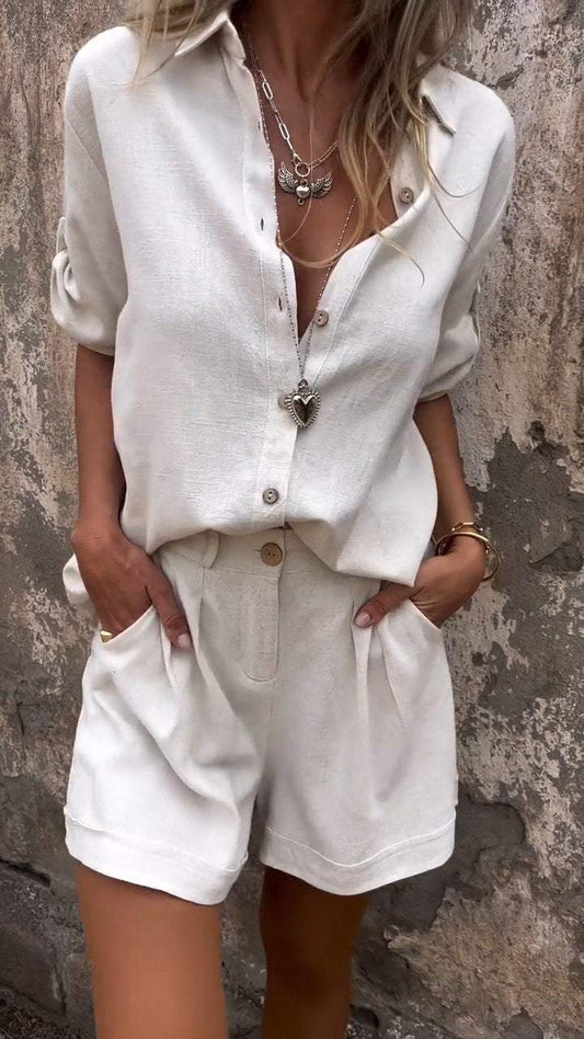 Giulia – Luchtige Linnen V-hals Blouse Set Met Bijpassende Shorts