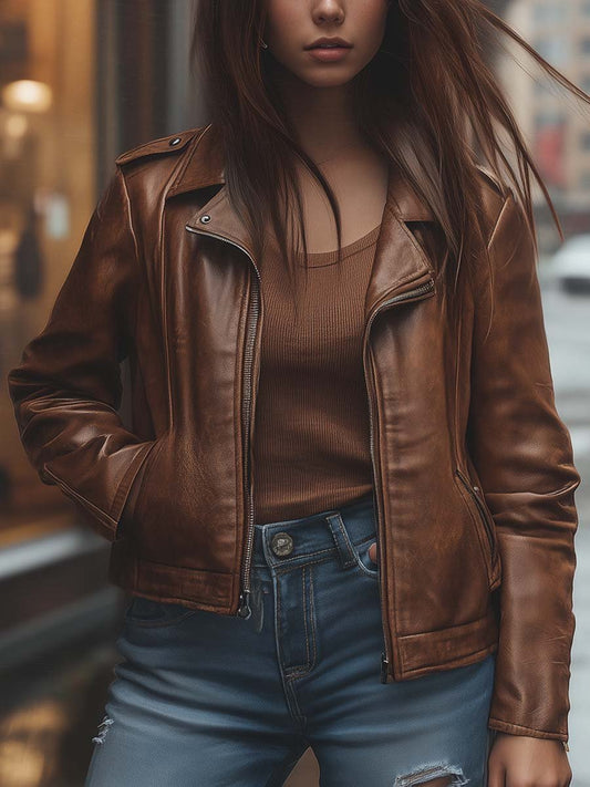 Cecile – Korte Vintage Leren Jas Met En Klassieke Revers