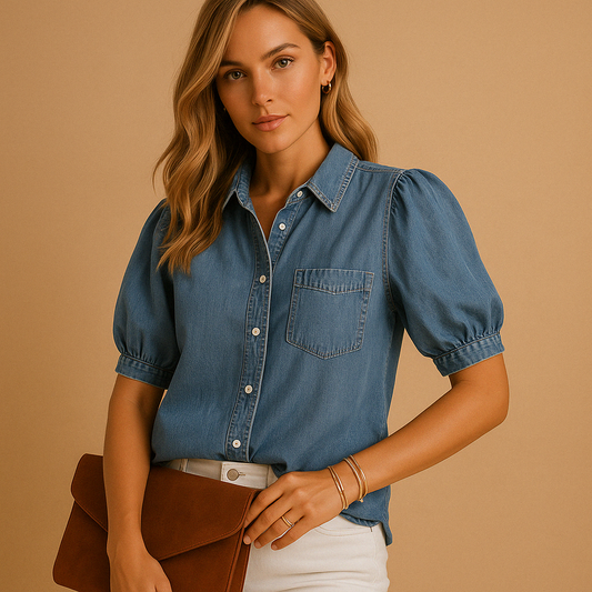Jade – Denim blouse met korte puffmouwen en losse pasvorm