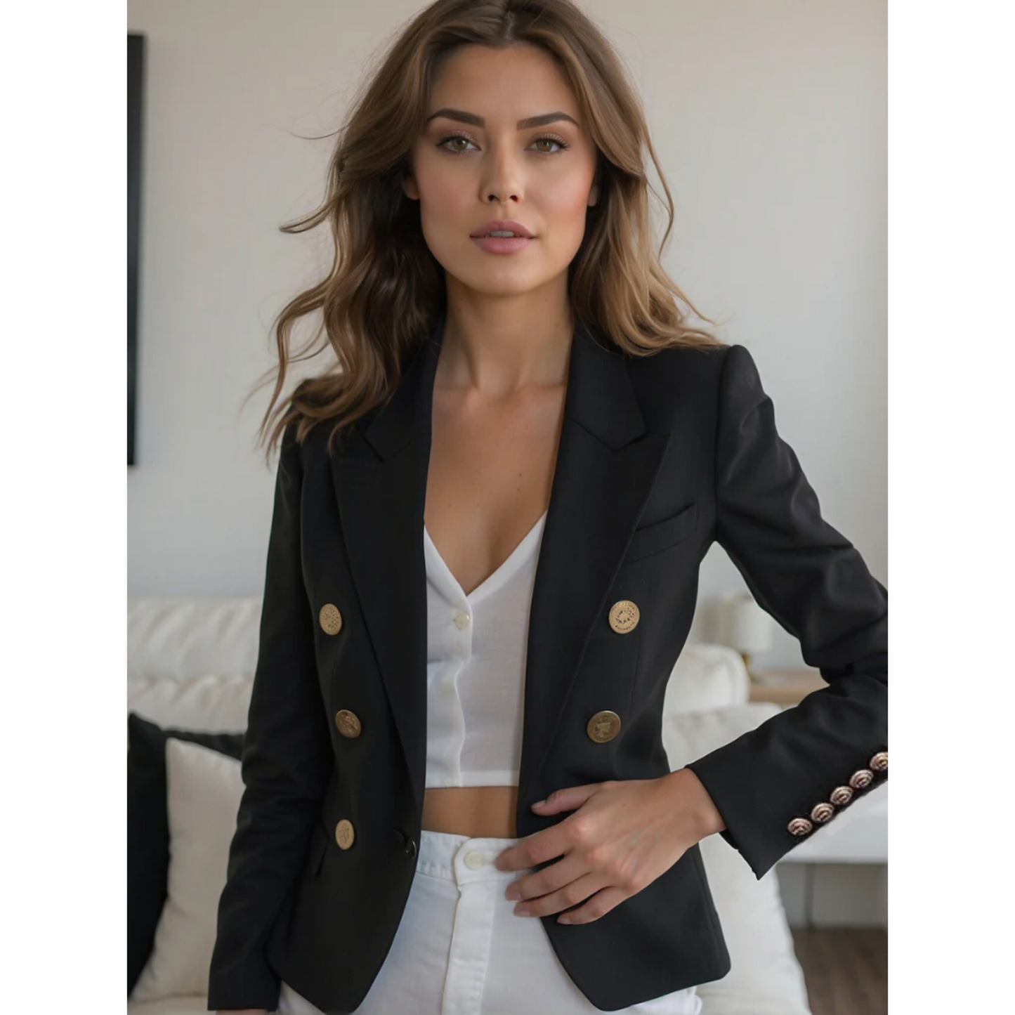 Jill – zwarte katoenen blazer met klassieke snit en zachte structuur