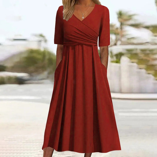 Sienna – Maxi jurk van lichte viscose met fijne ceintuur en V-hals