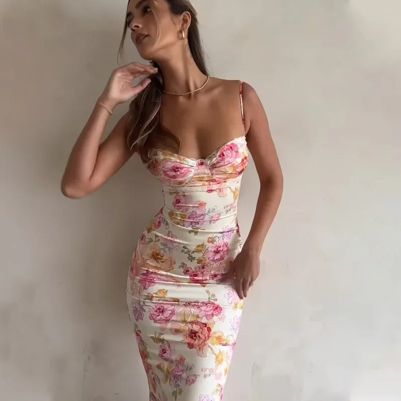 Heather – Pastel bloemen maxi-jurk van satijn met kanten halslijn