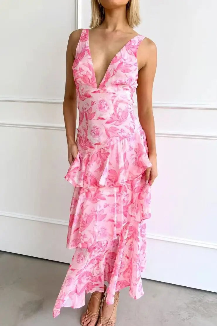 Eileen – maxi-jurk van chiffon met diepe V-hals en speelse lagen