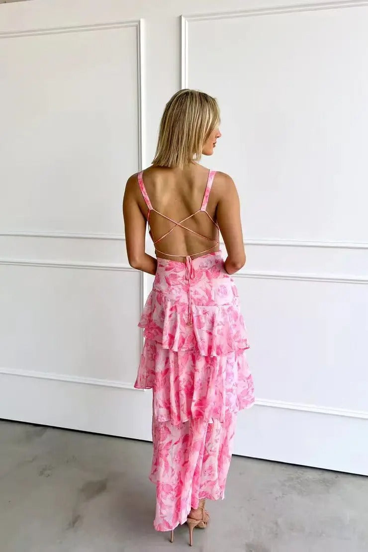 Eileen – maxi-jurk van chiffon met diepe V-hals en speelse lagen