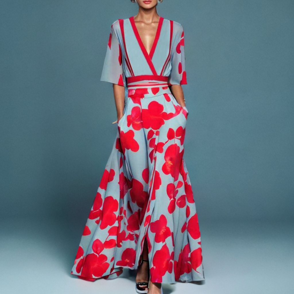 Maxi jurk met bloemenprint en v-hals