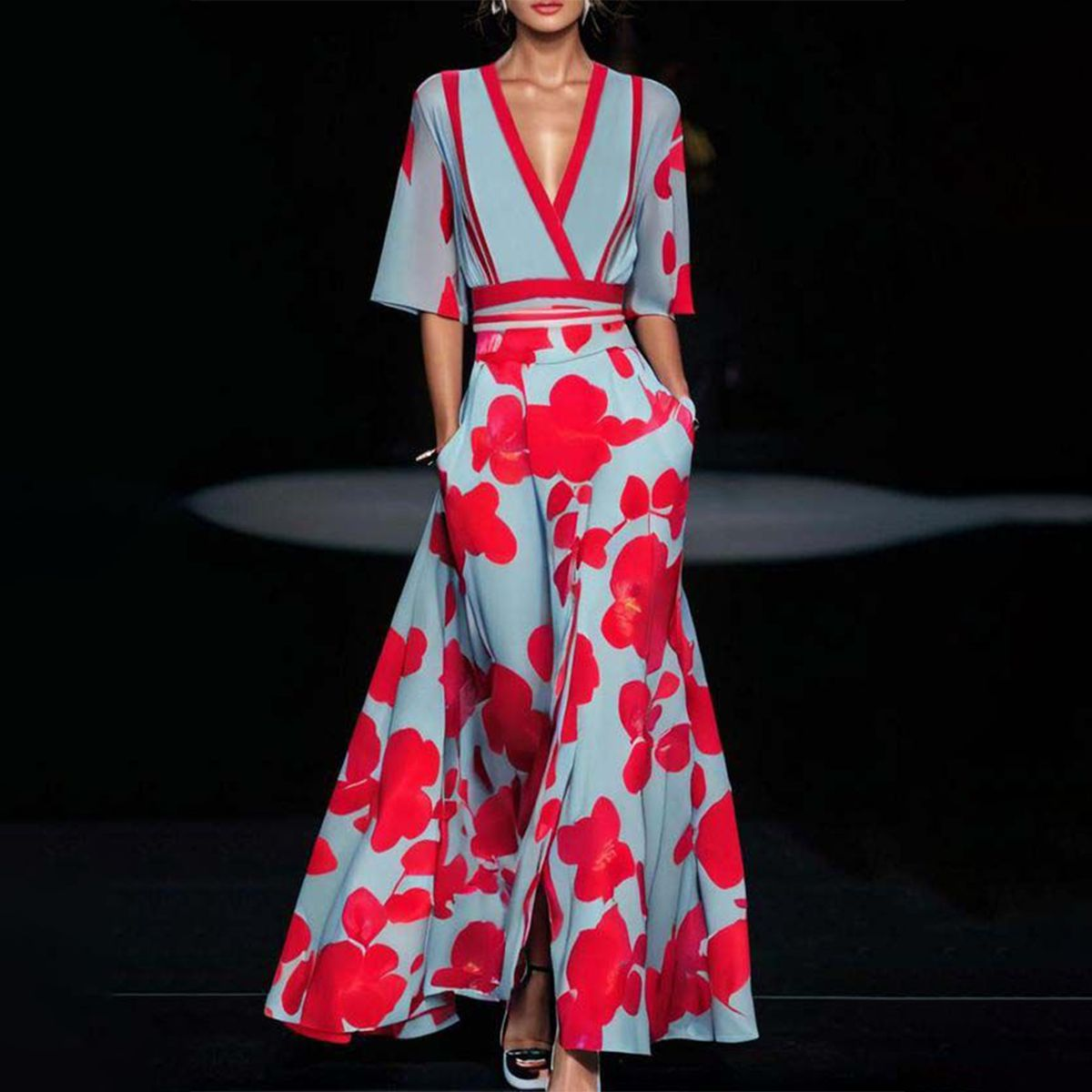 Maxi jurk met bloemenprint en v-hals