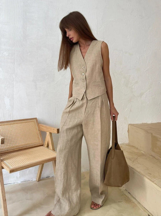 Yara - Mouwloze Linnen Gillet Set Met Wijde Broek