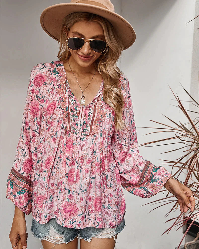 Sana – Boho v-hals blouse met bloemenprint en lange mouwen