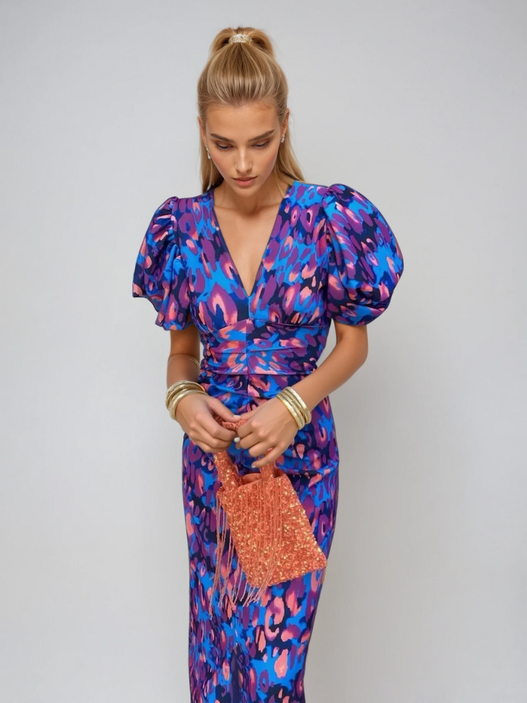 Dianna – Zomer midi-jurk met bloemenprint en pofmouwen