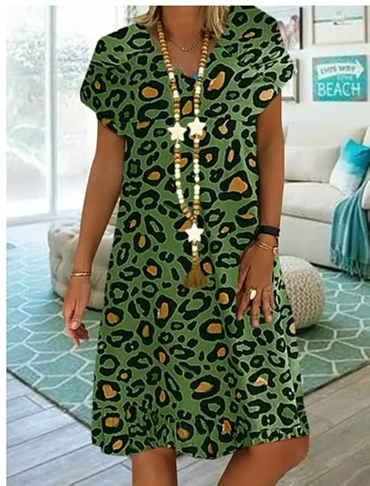 Jade – Panterprint Midi zomerjurk Met V-hals