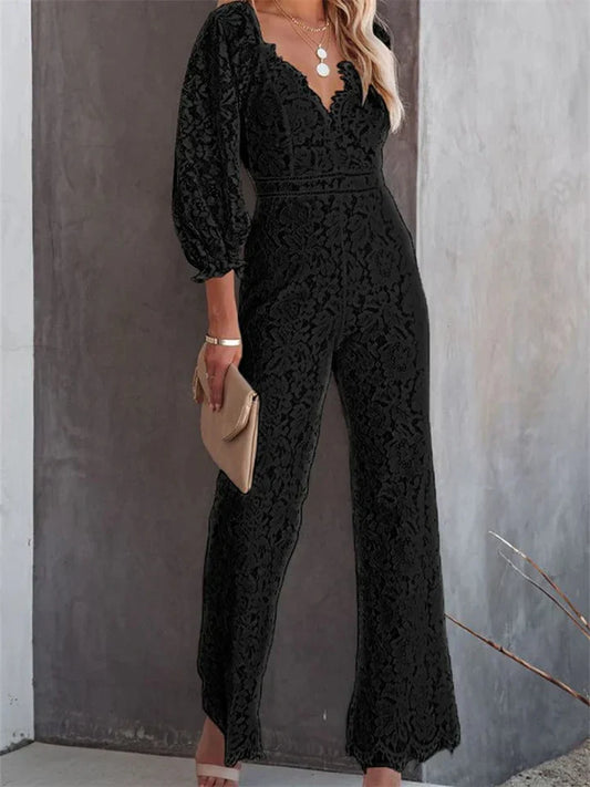 Silke – Getailleerde Kanten Bloemenprint Jumpsuit Met V-hals En Wijde Pijpen