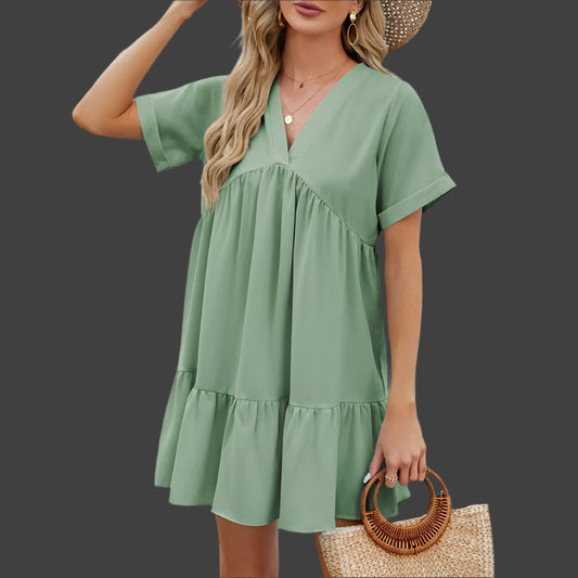 Mode – V-hals midi zomer jurk met plissé korte mouwen