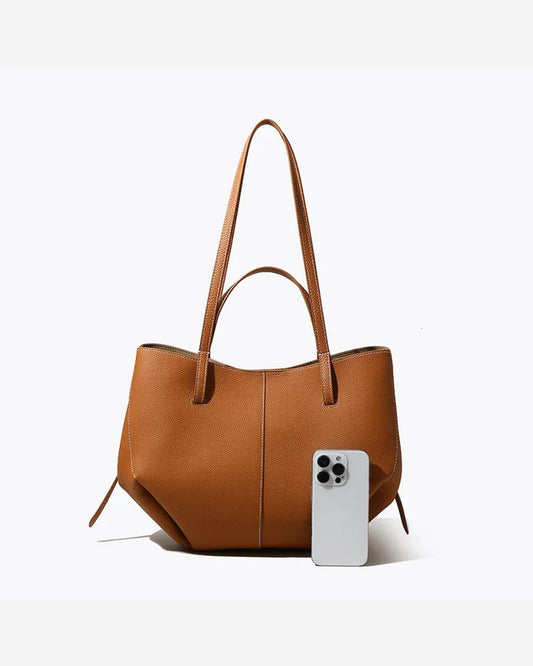 Leyeal - Ruime Cognac Bruine Leren Shopper Handtas