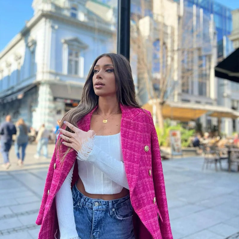 Rosa – roze tweed blazer met geruit patroon en zakken