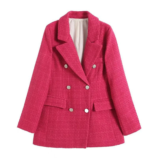 Rosa – roze tweed blazer met geruit patroon en zakken