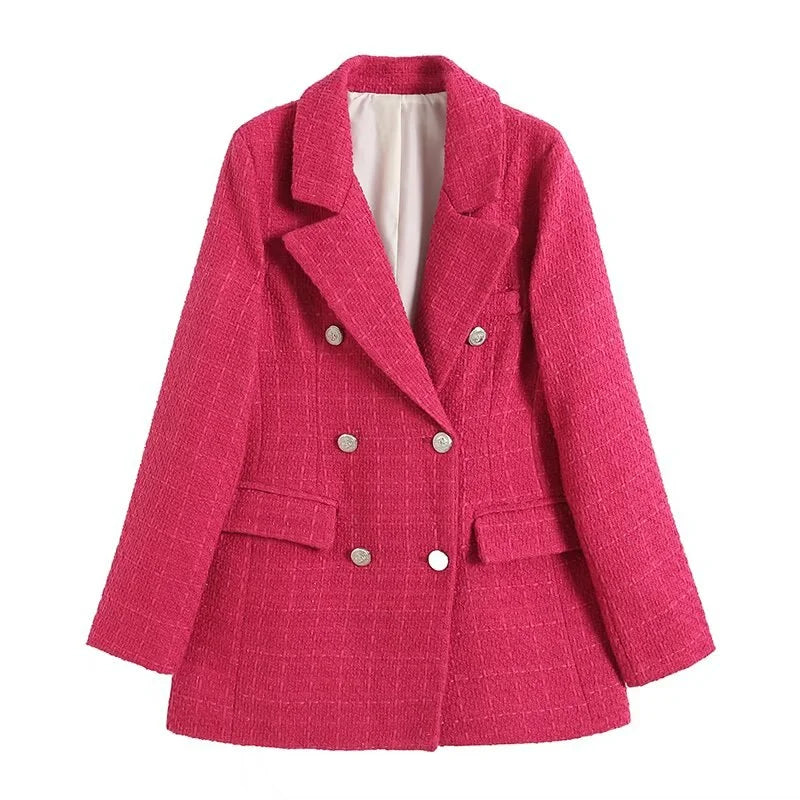 Rosa – roze tweed blazer met geruit patroon en zakken