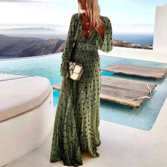 Alice – Getailleerde Maxi Stippenprint Zomerjurk Met Tailleband En Lange Mouwen