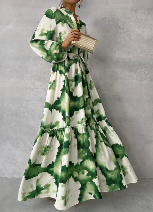 Luna – Zomer maxi-jurk in pastelblauw met plooien en V-hals