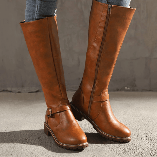 Beatrice – kniehoge laarzen van volnerfleer met slanke schacht en antislipzool
