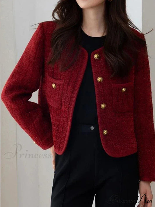 Elise – tweed cardigan vest met metalen gespen